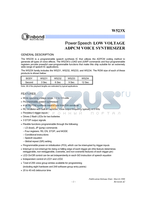 W5233 datasheet - Power Speech LOW VOLTAGE ADPCM VOICE SYNTHESIZER