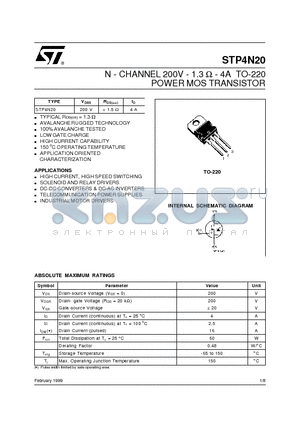 STP4N20 datasheet - N - CHANNEL 200V - 1.3 ohm - 4A TO-220 POWER MOS TRANSISTOR