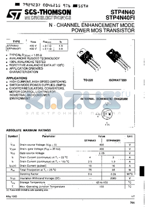 STP4N40 datasheet - N-CHANNEL ENHANCEMENT MODE POWER MOS TRANSISTOR