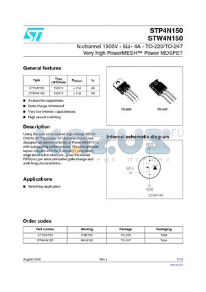 STP4N150 datasheet - N-channel 1500V - 5Y - 4A - TO-220/TO-247 Very high PowerMESH Power MOSFET