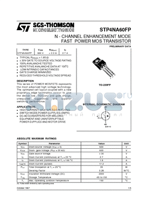 STP4NA60FP datasheet - N - CHANNEL ENHANCEMENT MODE FAST POWER MOS TRANSISTOR