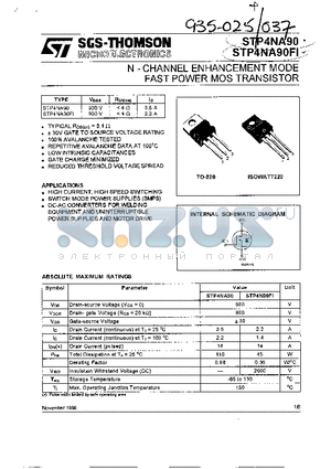 STP4NA90 datasheet - N-CHANNEL  ENHANCEMENT MODE FAST POWER MOS TRANSISTOR