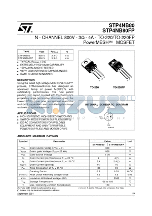 STP4NB80 datasheet - N - CHANNEL 800V - 3ohm - 4A - TO-220/TO-220FP PowerMESH MOSFET