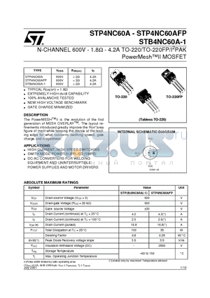 STP4NC60A datasheet - N-CHANNEL 600V - 1.8ohm - 4.2A TO-220/TO-220FP/I2PAK PowerMeshII MOSFET