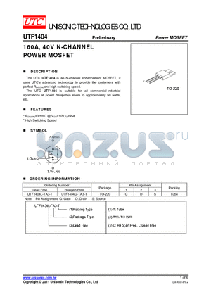 UTF1404G-TA3-T datasheet - 160A, 40V N-CHANNEL POWER MOSFET