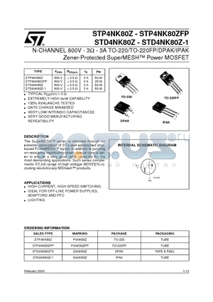 STP4NK80ZFP datasheet - N-CHANNEL 800V - 3ohm - 3A TO-220/TO-220FP/DPAK/IPAK Zener-Protected SuperMESH Power MOSFET