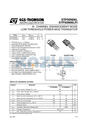 STP50N06LFI datasheet - N - CHANNEL ENHANCEMENT MODE LOW THRESHOLD POWER MOS TRANSISTOR