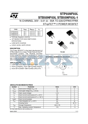 STP55NF03L datasheet - N-CHANNEL 30V - 0.01 W - 55A TO-220/D2PAK/I2PAK STripFET II POWER MOSFET