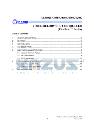 W536020K datasheet - VOICE/MELODY/LCD CONTROLLER (ViewTalk TM Series)