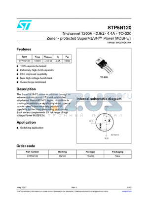 STP5N120 datasheet - N-channel 1200V - 2.8Y - 4.4A - TO-220 Zener - protected SuperMESHTM Power MOSFET