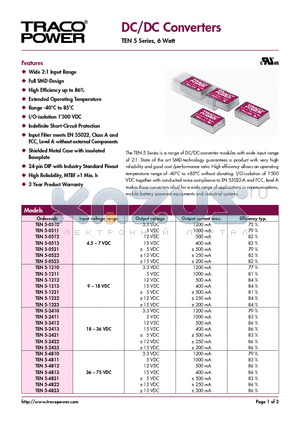 TEN5-1212 datasheet - DC/DC Converter - TEN 5 Series, 6 Watt