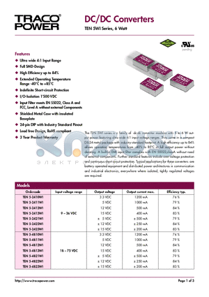 TEN5-2413WI datasheet - DC/DC Converters - TEN 5WI Series, 6 Watt