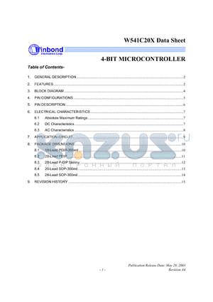 W541C20X datasheet - 4-BIT MICROCONTROLLER