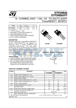 STP5NB60FP datasheet - N - CHANNEL 600V - 1.8ohm - 5A - TO-220/TO-220FP PowerMESH  MOSFET