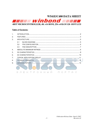 W541C480 datasheet - 4BIT MICROCONTROLLER, 4K 16 ROM, 256 4 RAM 128 -DOT LCD