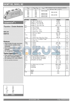 SKMT92 datasheet - Thyristor / Diode Modules