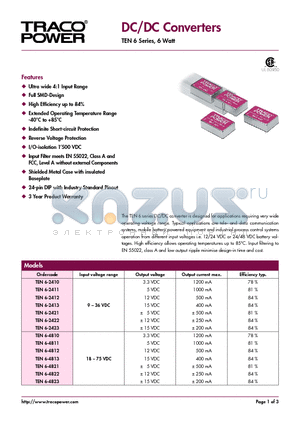 TEN6-2410 datasheet - DC/DC Converters - TEN 6 Series, 6 Watt