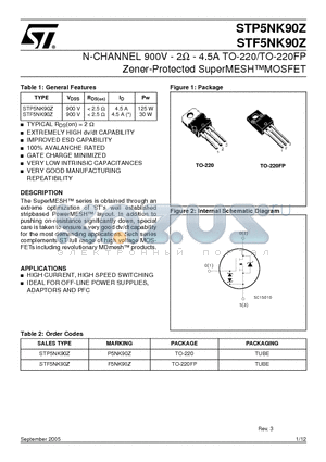 STP5NK90Z datasheet - N-CHANNEL 900V - 2ohm - 4.5A TO-220/TO-220FP