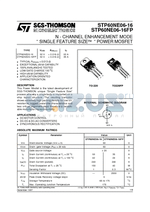 STP60NE06-16FP datasheet - N - CHANNEL ENHANCEMENT MODE  SINGLE FEATURE SIZE  POWER MOSFET