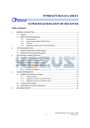 W55RFS27T3BW datasheet - SUPER-REGENERATION RF RECEIVER