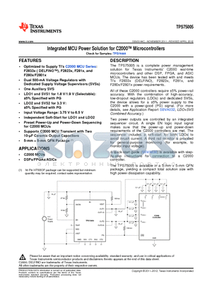 TPS75005RGWR datasheet - Integrated MCU Power Solution for C2000 Microcontrollers
