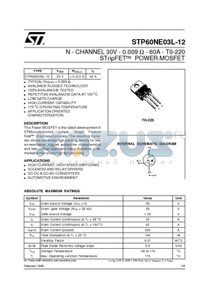 STP60NE03L-12 datasheet - N - CHANNEL 30V - 0.009 ohm - 60A - T0-220 STripFET POWER MOSFET