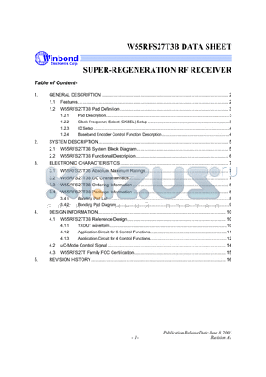 W55RFS27T3B datasheet - SUPER-REGENERATION RF RECEIVER