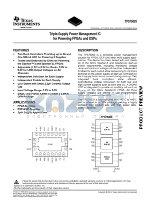 TPS75003 datasheet - Triple-Supply Power Management IC for Powering FPGAs and DSPs