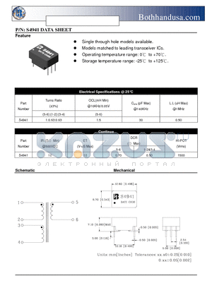 S4941 datasheet - T1/CEPT/ISDN-PRI TRANSFORMER