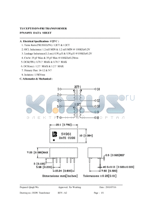 S4951 datasheet - T1/CEPT/ISDN-PRI TRANSFORMER