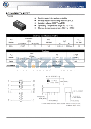 S4954 datasheet - T1/CEPT/ISDN-PRI TRANSFORMER