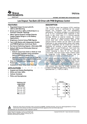 TPS75103YFFR datasheet - Low Dropout, Two-Bank LED Driver with PWM Brightness Control