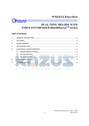 W562S08 datasheet - DUAL-TONE MELODY WITH VOICE SYNTHESIZER (BandDirector Series)