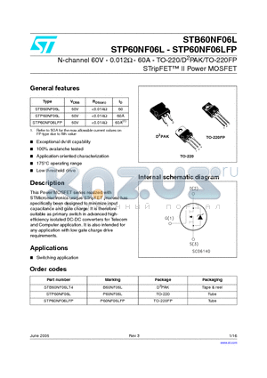 STP60NF06LFP datasheet - N-channel 60V - 0.012Y - 60A - TO-220/D2PAK/TO-220FP STripFET II Power MOSFET