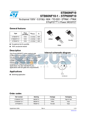 STP60NF10 datasheet - N-channel 100V - 0.019Y - 80A - TO-220 - D2PAK - I2PAK STripFET II Power MOSFET