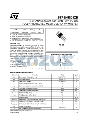 STP60NS04ZB datasheet - N-CHANNEL CLAMPED 10mohm - 60A TO-220 FULLY PROTECTED MESH OVERLAY MOSFET