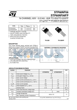 STP60NF06FP datasheet - N-CHANNEL 60V - 0.014ohm - 60A TO-220/TO-220FP STripFET POWER MOSFET