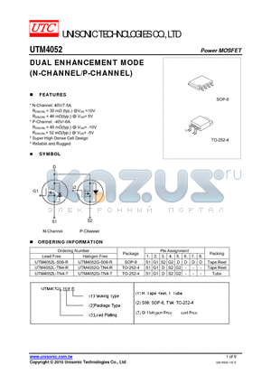 UTM4052G-TN4-T datasheet - DUAL ENHANCEMENT MODE (N-CHANNEL/P-CHANNEL)