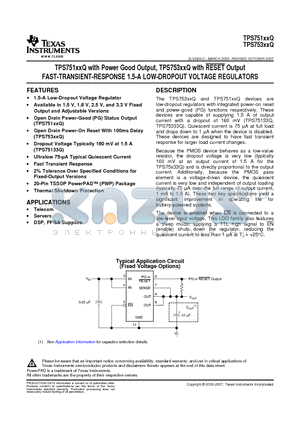 TPS75101QPWPR datasheet - TPS751xxQ with Power Good Output, TPS753xxQ with RESET Output FAST-TRANSIENT-RESPONSE 1.5-A LOW-DROPOUT VOLTAGE REGULATORS