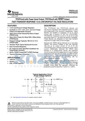 TPS75115QPWPRG4 datasheet - TPS751xxQ with Power Good Output, TPS753xxQ with RESET Output FAST-TRANSIENT-RESPONSE 1.5-A LOW-DROPOUT VOLTAGE REGULATORS