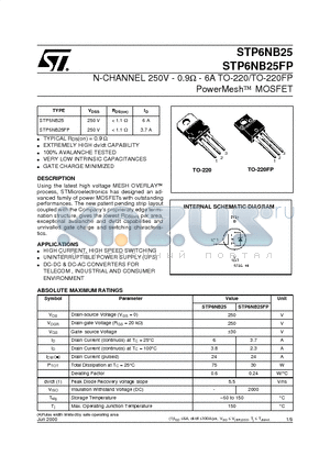 STP6NB25 datasheet - N-CHANNEL 250V - 0.9ohm - 6A TO-220/TO-220FP PowerMesh MOSFET