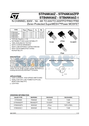 STP6NK60ZFP datasheet - N-CHANNEL 600V - 1ohm - 6A TO-220/TO-220FP/D2PAK/I2PAK Zener-Protected SuperMESHPower MOSFET