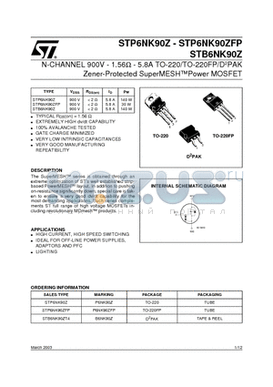 STP6NK90ZFP datasheet - N-channel 900V - 1.56Y - 5.8A - TO-220/TO-220FP/D2PAK/TO-247 Zener-protected SuperMESH Power MOSFET