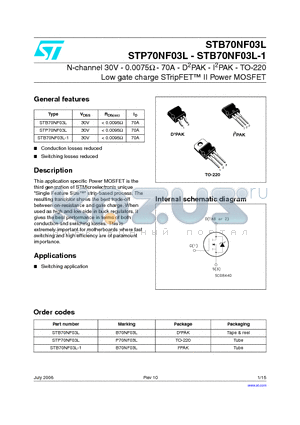 STP70NF03L datasheet - N-channel 30V - 0.0075ohm - 70A - D2PAK - I2PAK - TO-220 Low gate charge STripFET TM II Power MOSFET