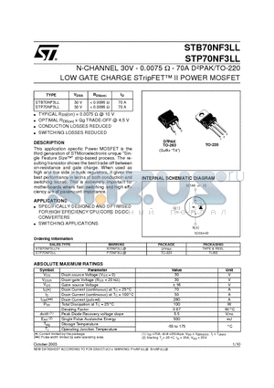 STP70NF3LL datasheet - N-CHANNEL 30V - 0.0075 ohm - 70A D2PAK/TO-220 LOW GATE CHARGE STripFET II POWER MOSFET