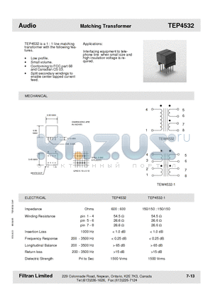 TEP4532 datasheet - Audio Matching Transformer