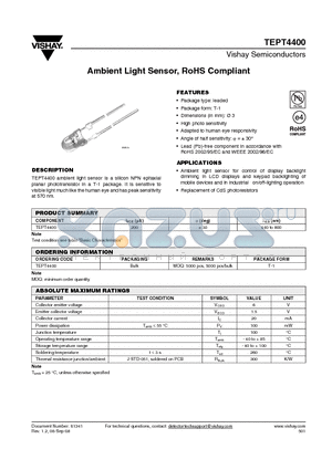 TEPT4400 datasheet - Ambient Light Sensor, RoHS Compliant