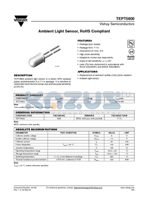 TEPT5600 datasheet - Ambient Light Sensor, RoHS Compliant