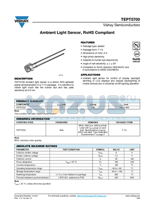 TEPT5700 datasheet - Ambient Light Sensor, RoHS Compliant
