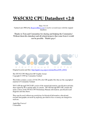 W65C832PL-10 datasheet - W65C832 CPU - ADVANCED CMOS DESIGN FOR LOW POWER POWER CONSUMPTION AND INCREASED NOISE IMMUNITY